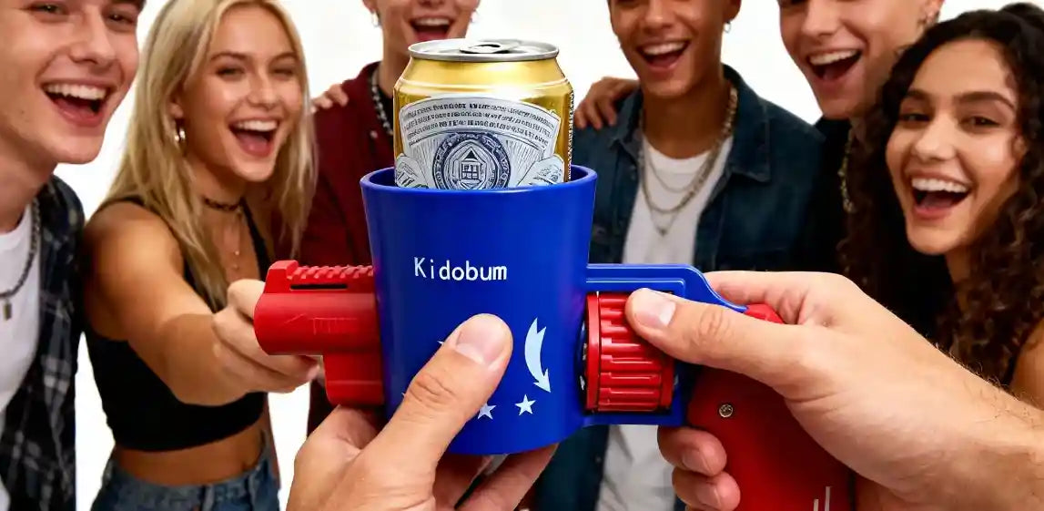 A group of friends experiencing the viral Kidobum Shotgun Roulette drinking game beverage dispenser, the ultimate high-energy tactical gear for immersive social entertainment and high-impact party events.