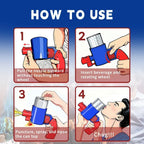 Step-by-step guide on using a blue and red beverage can gun to puncture and spray drink for chugging