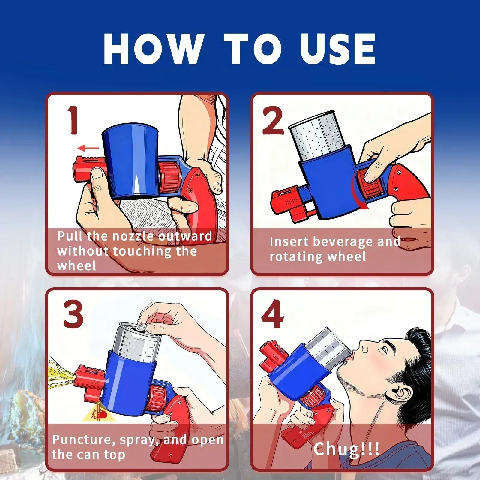 Step-by-step guide on using a blue and red beverage can gun to puncture and spray drink for chugging