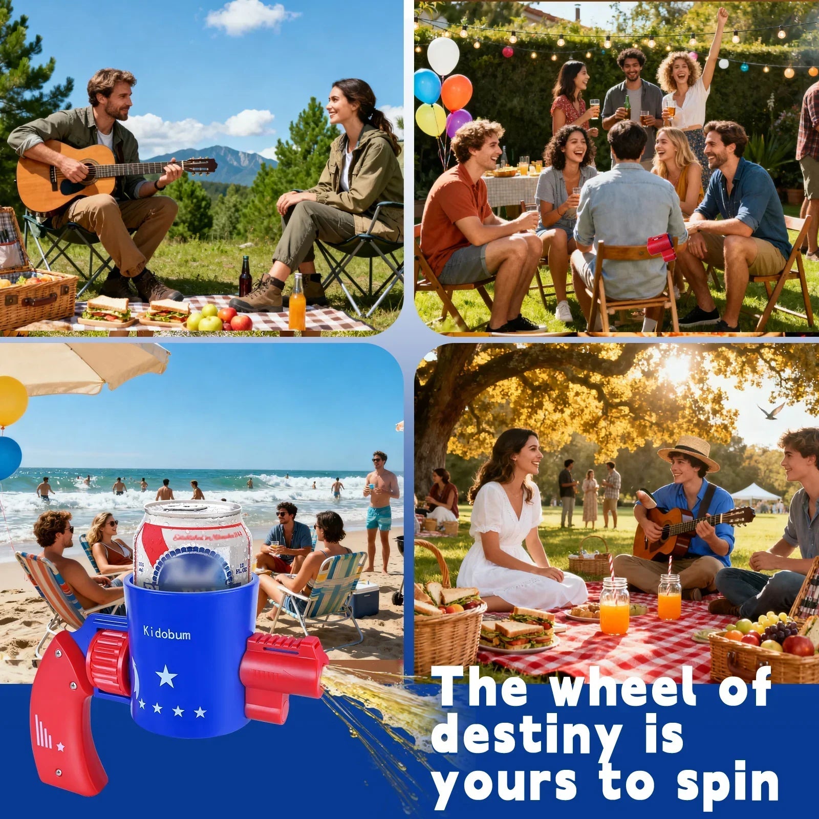 Collage of friends enjoying outdoor gatherings at picnic, beach, and garden with a blue Kidobum drink cannon toy