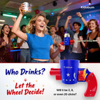 Woman in blue shirt using Kidobum drink shooter at party with cheering friends, festive bar setting