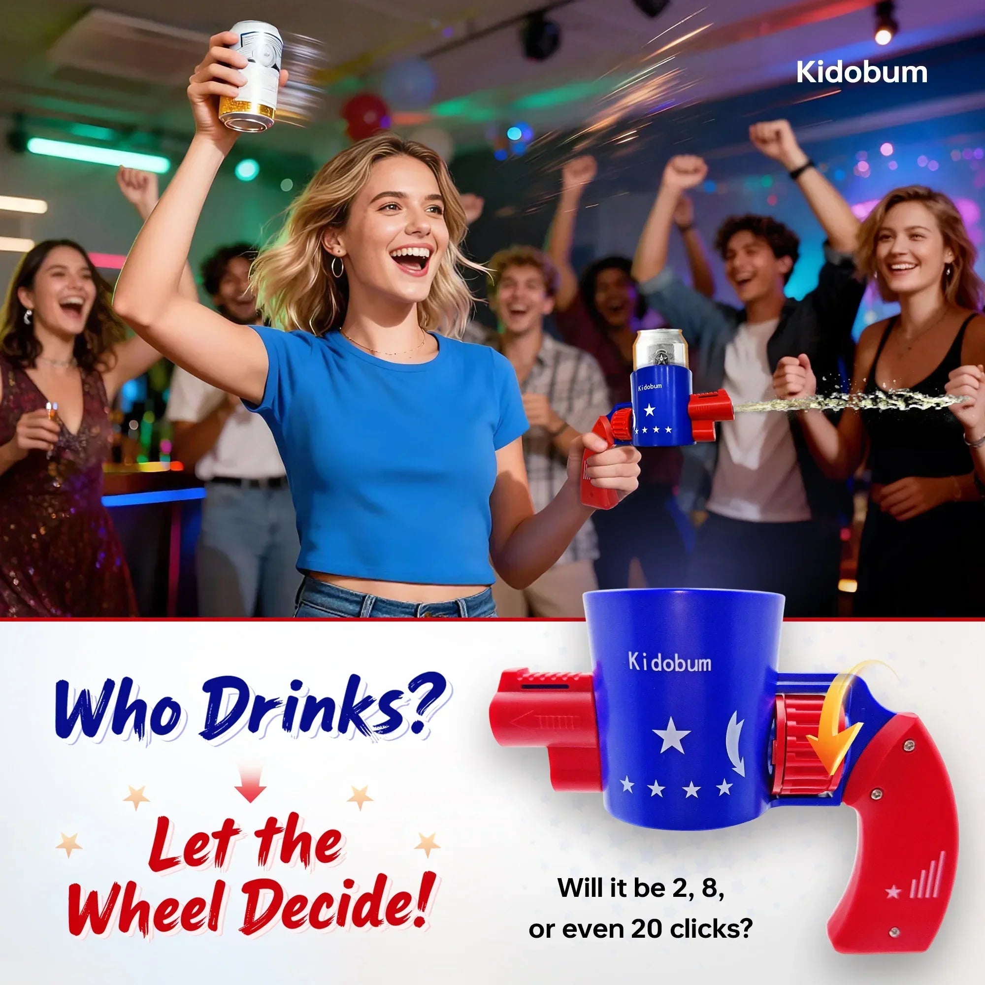 Woman in blue shirt using Kidobum drink shooter at party with cheering friends, festive bar setting