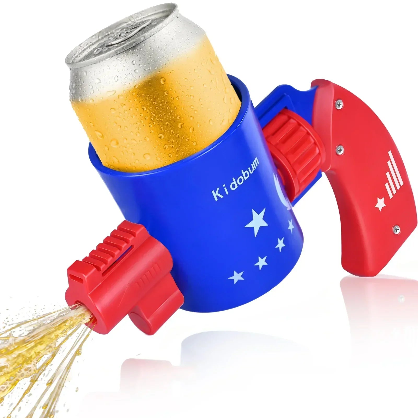 Blue and red soda can gun holder labeled Kidobum spraying beverage from attached nozzle