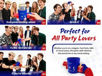 Group of young adults playing a party drinking game with a rotating wheel gun accessory, having fun together