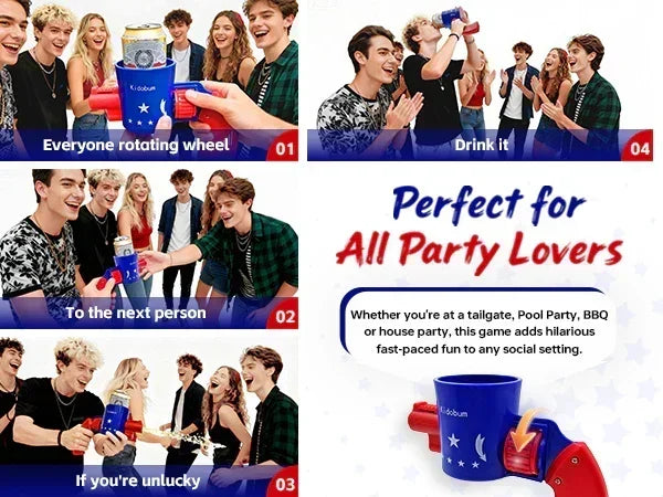 Group of young adults playing a party drinking game with a rotating wheel gun accessory, having fun together