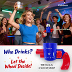 Young woman in blue shirt spraying drink from Kidobum drink shooter at lively party with cheering friends