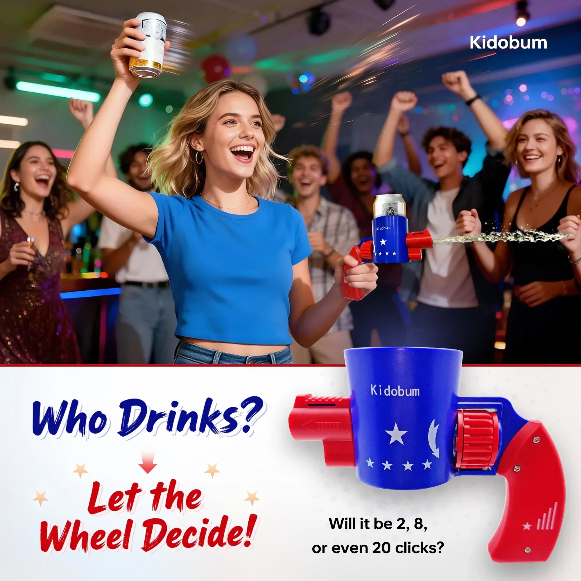 Young woman in blue shirt spraying drink from Kidobum drink shooter at lively party with cheering friends