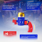 Kidobum blue and red party game toy with beverage can holder and ergonomic grip, surrounded by instructions