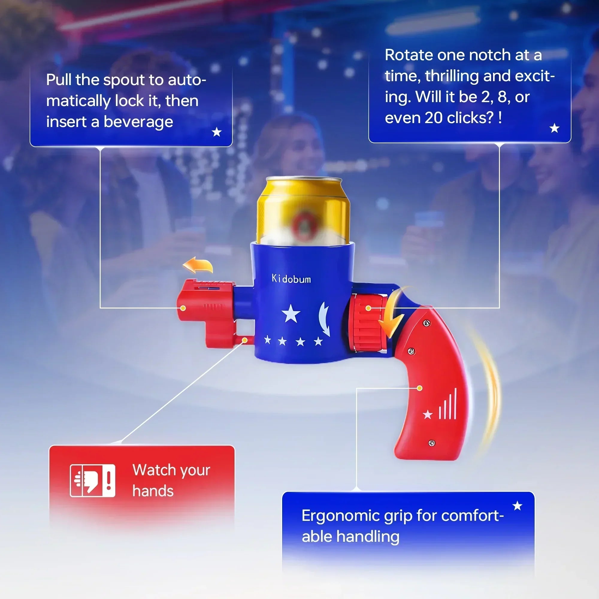 Kidobum blue and red party game toy with beverage can holder and ergonomic grip, surrounded by instructions