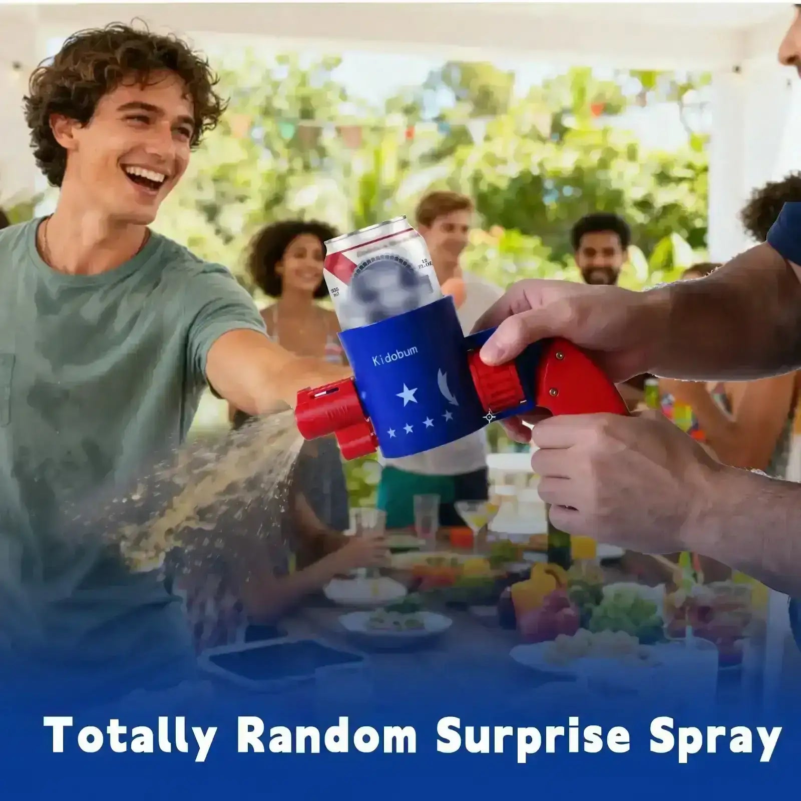 A group of friends experiencing the viral Kidobum Shotgun Roulette beverage dispenser, the ultimate high-energy tactical gear for immersive social gatherings and professional party entertainment.