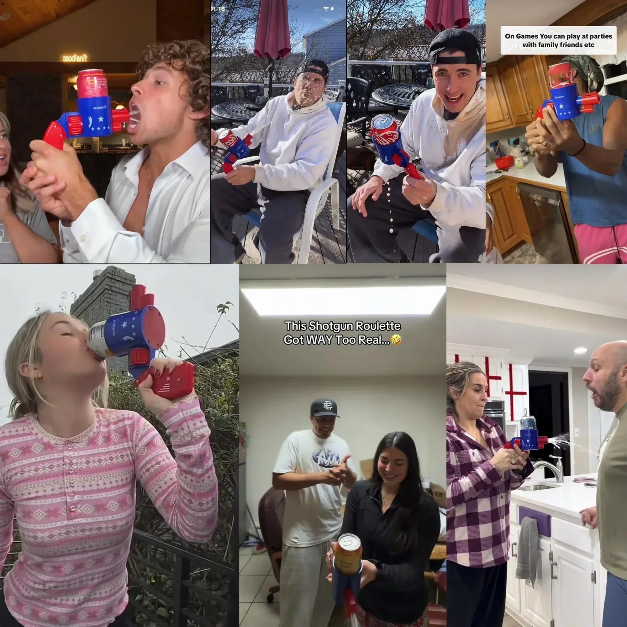 People playing with a red and blue beverage shotgun gun in indoor and outdoor party settings