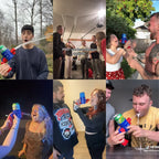 Collage of people playing shotgun roulette with a blue toy shotgun drinking game in various indoor and outdoor settings