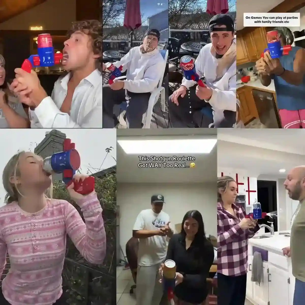 Multiple TikTok influencers and users actively engaging with the popular Kidobum Shotgun Roulette beverage dispenser at vibrant social events, showcasing its viral appeal.